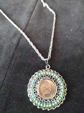 1903 Indian Head Penny Necklace encircled by Tiny Turquoise Beads